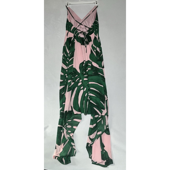Express Asymmetrical Midi Dress 4 Pink Green Palm Print Strappy Back Sundress - Picture 2 of 12